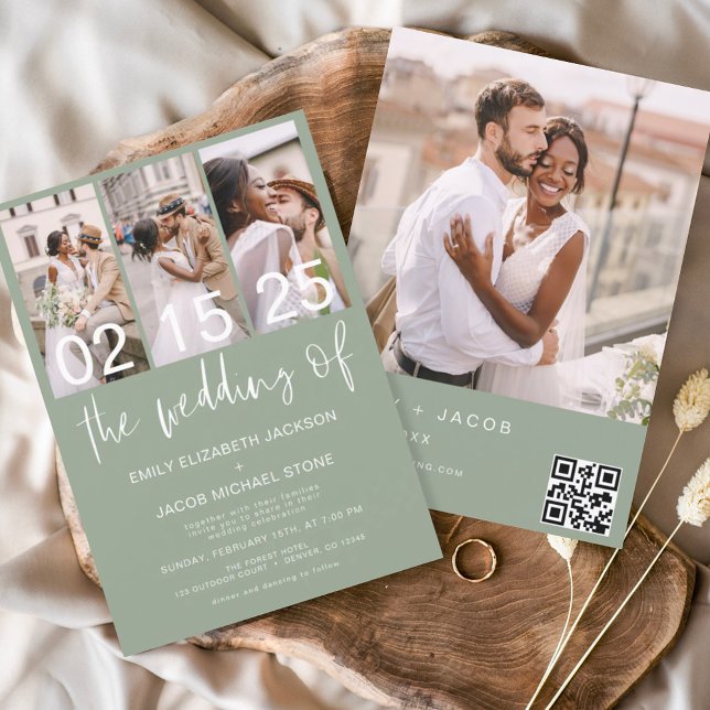 Sage Green The Wedding of Photo QR code Minimalist Invitation (Creator Uploaded)