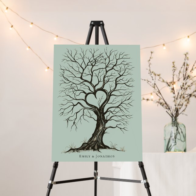 Sage Green Thumb Print Tree Wedding Guest Book Foam Board (In Situ (Stand))