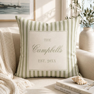 Sage Green Ticking Stripe Custom Family Name Throw Pillow