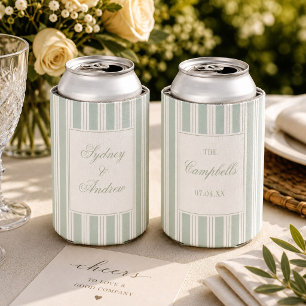 Sage Green Ticking Stripe Personalized Wedding Can Cooler