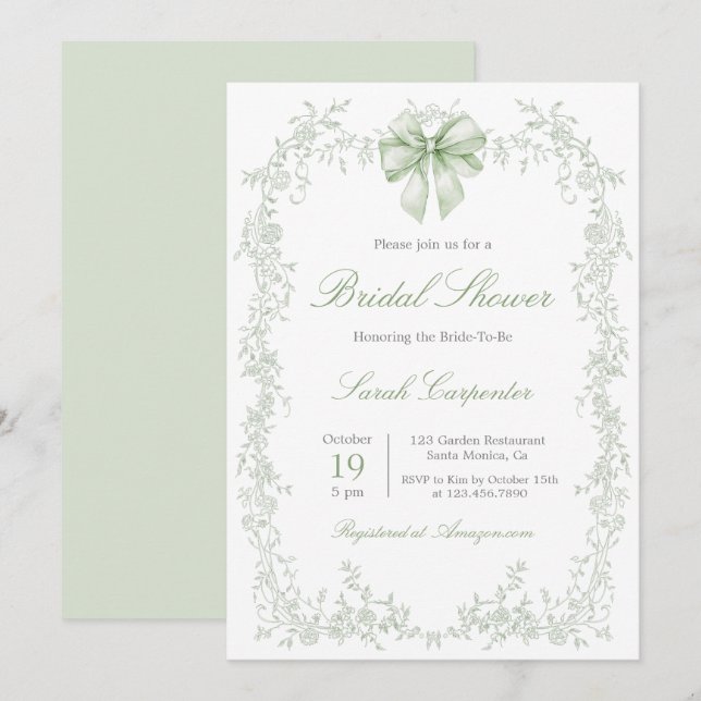 Sage Green Toile and Bow Bridal Shower Invitation (Front/Back)