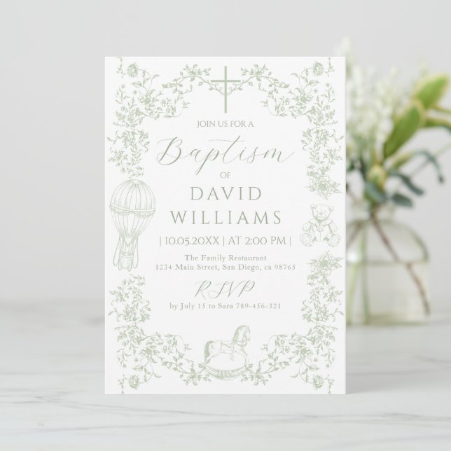 Sage Green Toile Boy Baptism Elegant Digital Invitation (Standing Front)