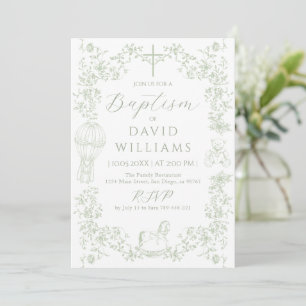 Sage Green Toile Boy Baptism Elegant Digital Invitation