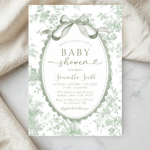 Sage Green Toile Chinoiserie Bow Baby Shower Invitation