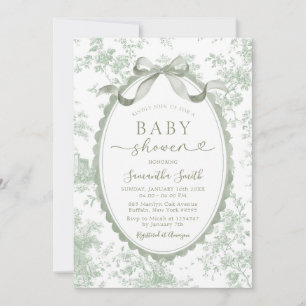 Sage Green Toile Chinoiserie Bow Baby Shower Invitation