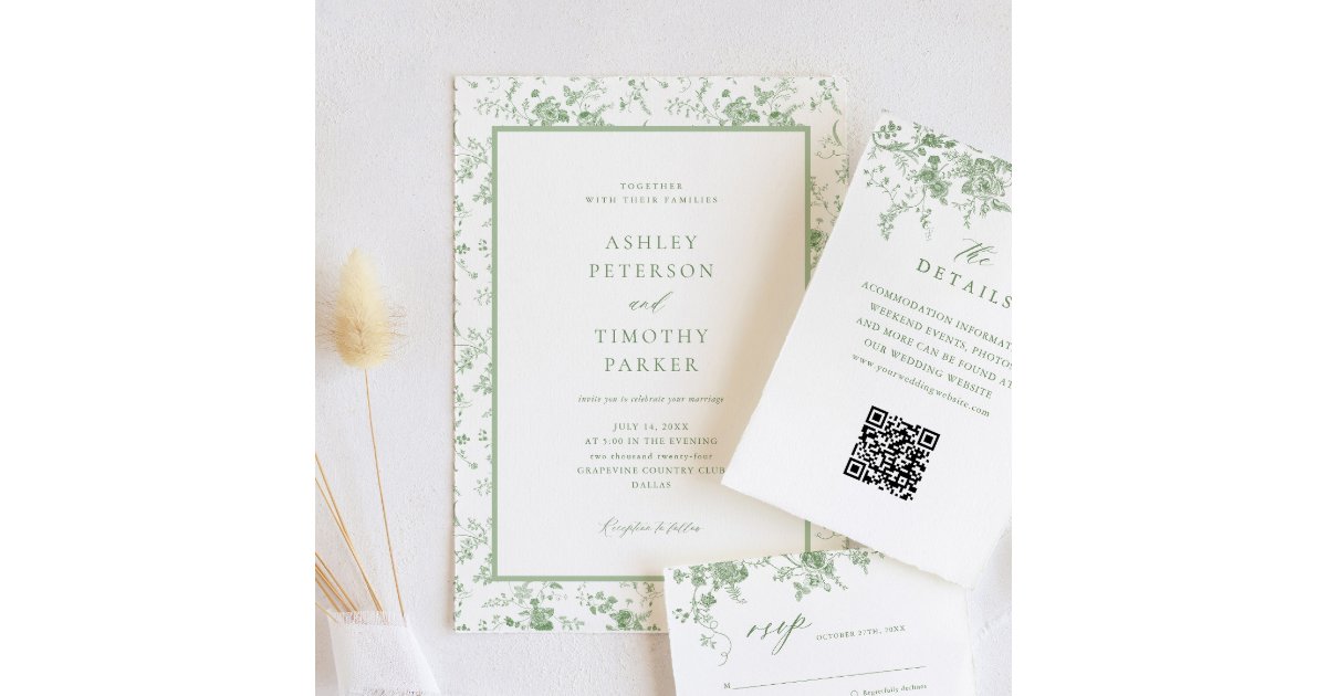 Sage Green Toile Classic Floral Wedding  Invitation
