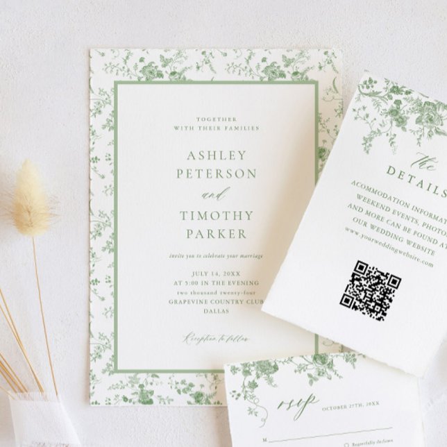 Sage Green Toile Classic Floral Wedding  Invitation (Creator Uploaded)