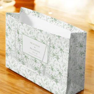 Sage Green Toile Classic Vintage Floral Wedding Large Gift Bag