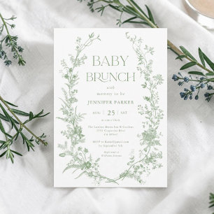 Sage Green Toile Floral Baby Brunch Invitation