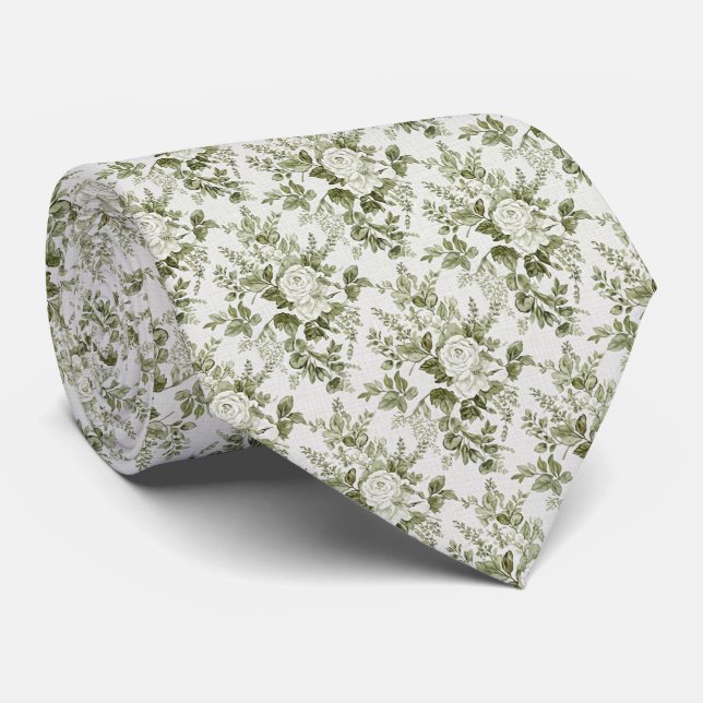 Sage Green Toile Floral  Neck Tie (Rolled)