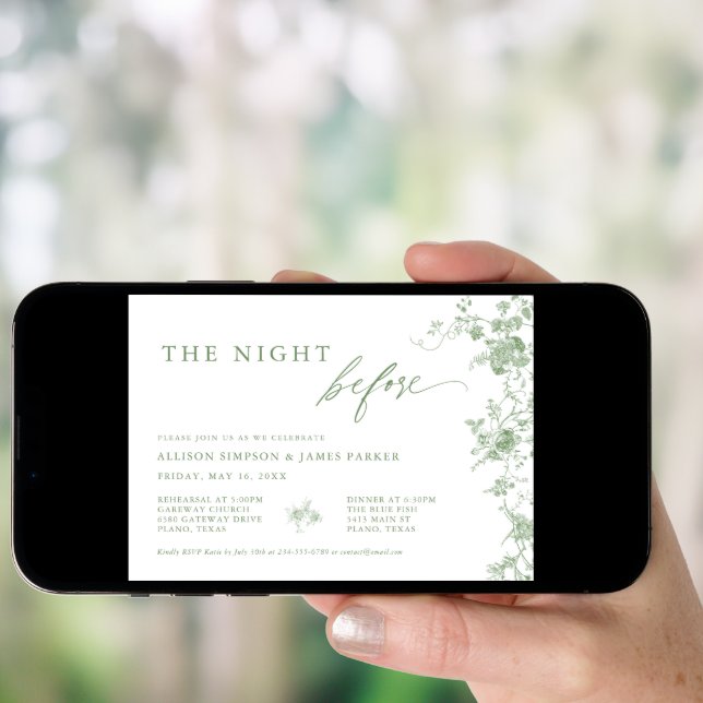 Sage Green Toile Floral Wedding Rehearsal Dinner Invitation (Front Digital)
