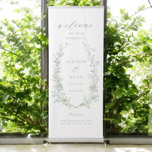 Sage Green Toile Floral Wedding Welcome Retractable Banner