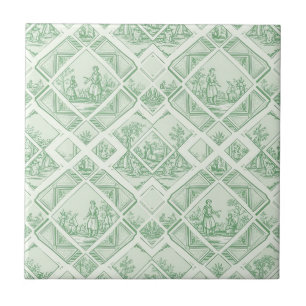 Sage Green Toile with Pastoral Scenes Ceramic Tile