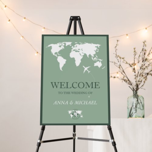 Sage Green Travel Themed Wedding World Map Welcome Foam Board