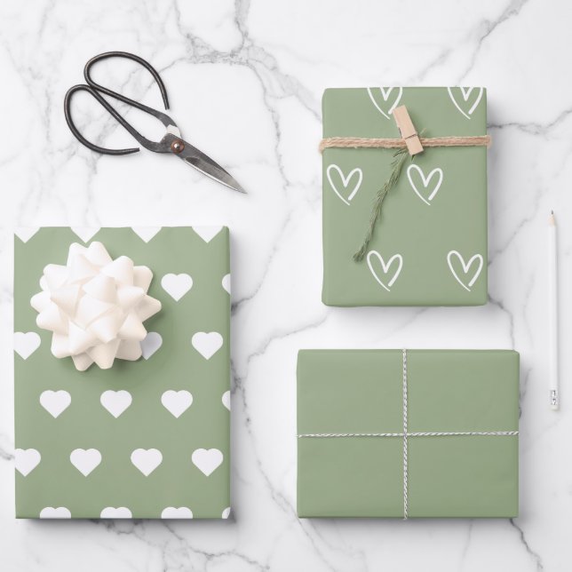 Sage Green Trendy Minimalist Simple Heart Elegant Wrapping Paper Sheets (Front)