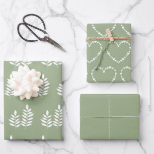 Sage Green Trendy Minimalist Simple Heart Elegant Wrapping Paper Sheets