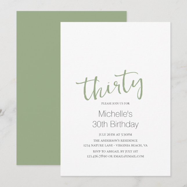 Sage Green Trendy Modern Minimalist 30th Birthday Invitation (Front/Back)