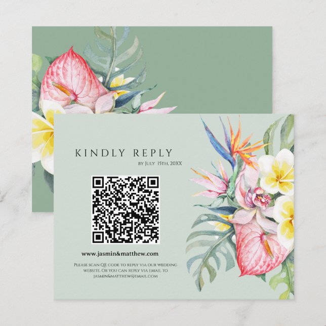 Sage Green Tropical Floral Hawaii QR Code Wedding RSVP Card (Front/Back)