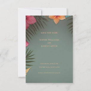 Sage Green Tropical Hibiscus Palm Wedding Save The Date