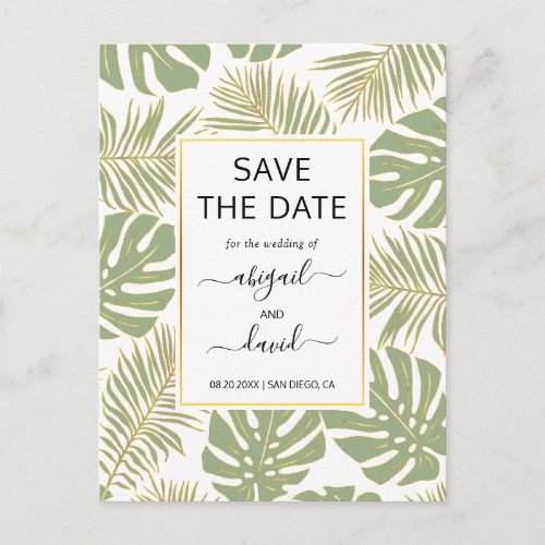 Sage green tropical leaves wedding Save the Date Announcement Postcard