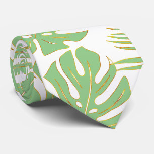 Sage green tropical monstera and palm leaves neck tie