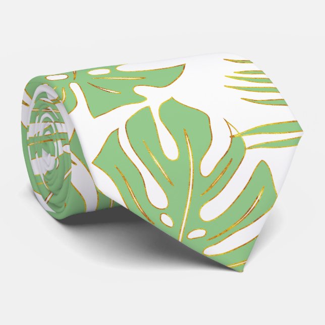 Sage green tropical monstera and palm leaves neck tie (Rolled)