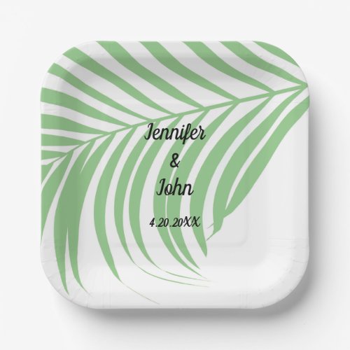 Sage Green Tropical Palm Tree Leaf Cute Wedding Paper Plates