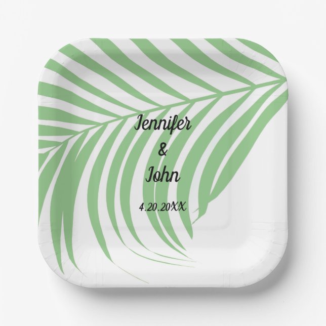 Sage Green Tropical Palm Tree Leaf Cute Wedding Paper Plates (Front)
