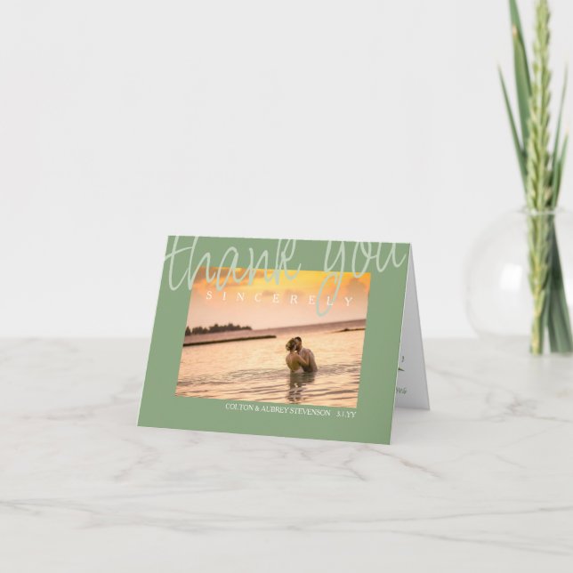 Sage Green Tropical Wedding Thank You Card (Front)