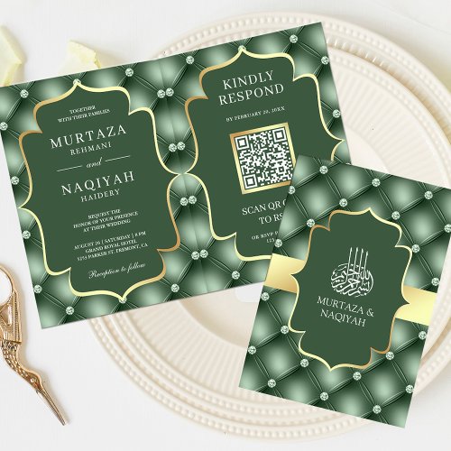 Sage Green Tufted Pattern QR Code Muslim Wedding Invitation