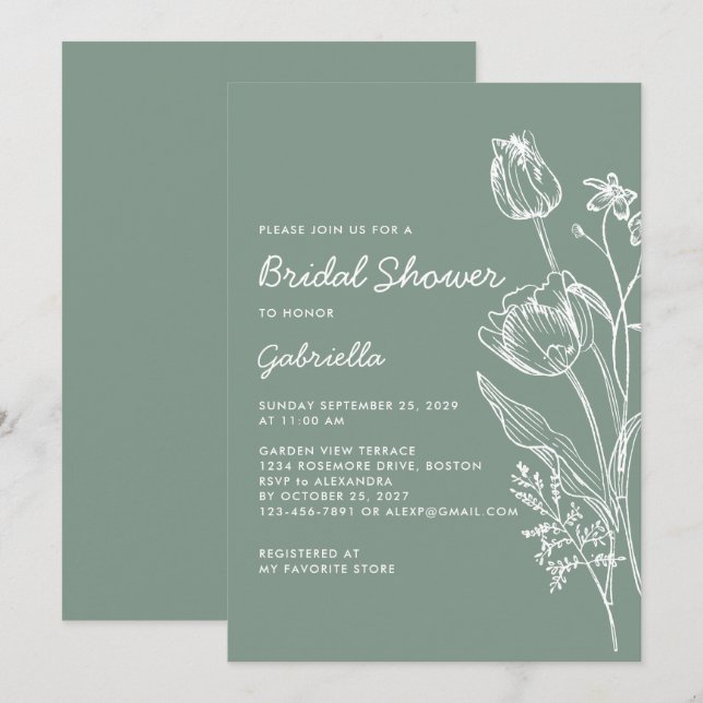 Sage Green Tulip Line Art Garden Bridal Shower Invitation (Front/Back)