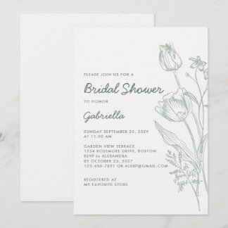 Sage Green Tulip Line Art Garden Bridal Shower Invitation