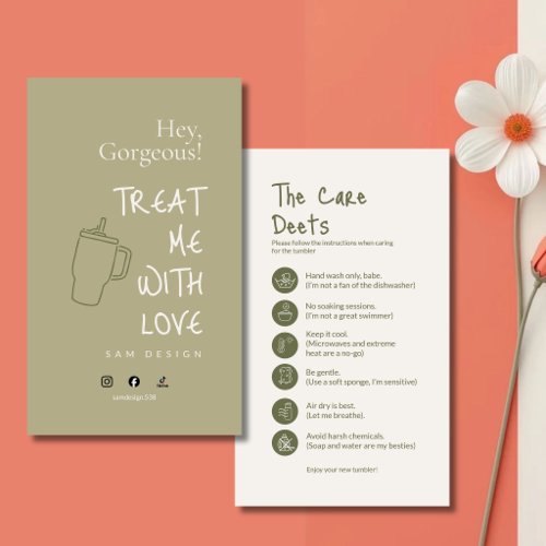 Sage Green Tumbler Care Card Insert