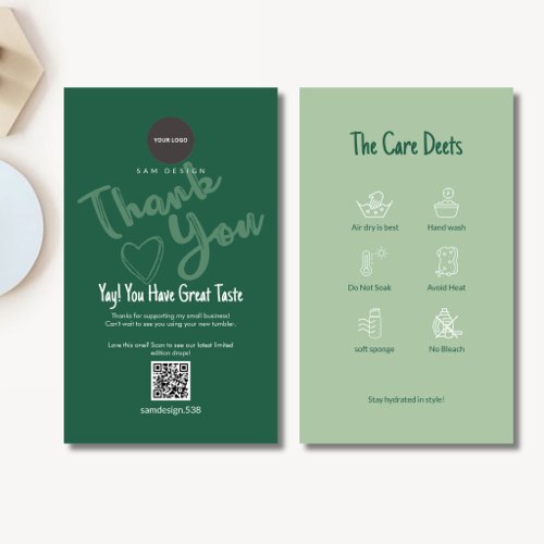 Sage Green Tumbler Care Card QR Code Logo