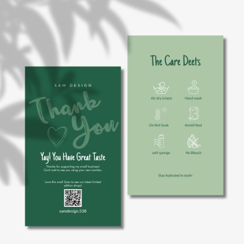 Sage Green Tumbler Care Card QR Code Logo Business