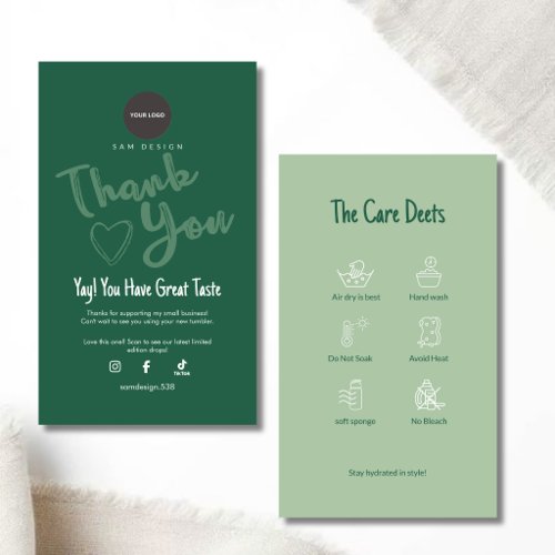 Sage Green Tumbler Care Card With Logo Business