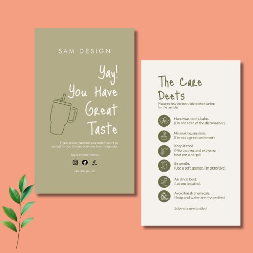 Sage Green Tumbler Care Instruction Card