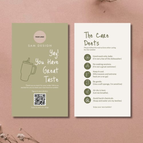Sage Green Tumbler Care Instruction Card Barcode