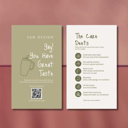 Sage Green Tumbler Care Instruction Card &amp; QR code