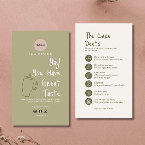 Sage Green Tumbler Care Instruction Card With Logo