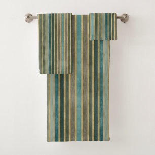 Sage Green turquoise Taupe Gray Farmhouse Stripes Bath Towel Set