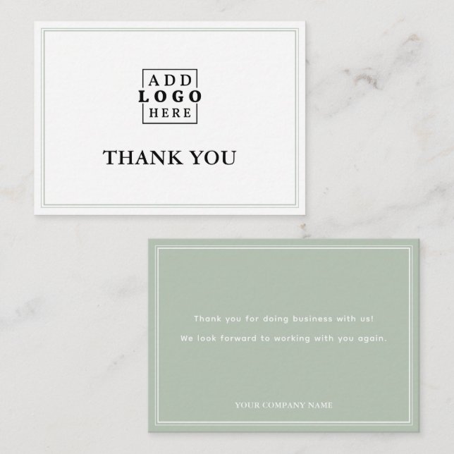 Sage Green Two Border Business Logo Thank You   Note Card (Front/Back)