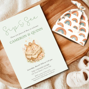 Sage Green Two Bunnies Twins Sip and See Invitation