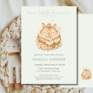 Sage Green Two Little Bunnies Twin Baby Shower Invitation