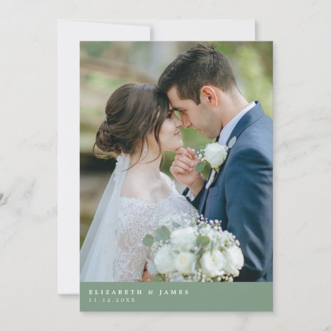 Sage Green Two Photo Wedding Thank You Card (Front)
