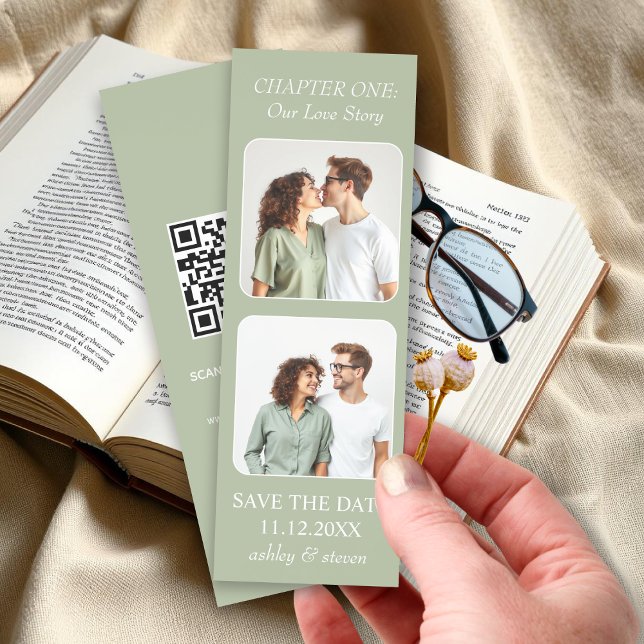 Sage green two photos Save the Date and QR code Bookmarks (Creator Uploaded)