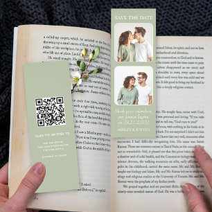 Sage green two photos Save the Date QR code Bookmarks