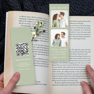Sage green two photos Save the Date QR code Bookmarks