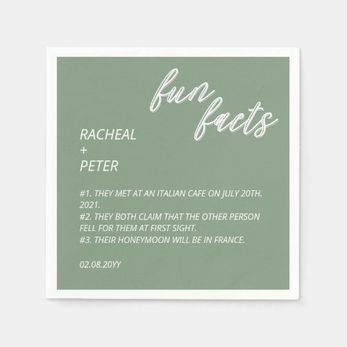 Sage Green Typography Chic Fun Facts Wedding  Napkins