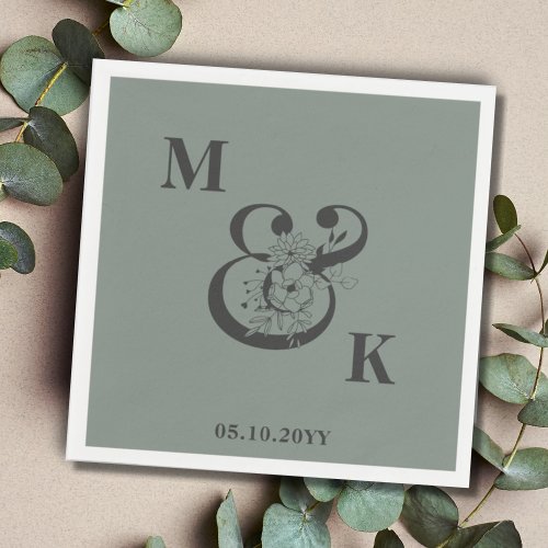 Sage Green Typography Couple Monogram Wedding  Napkins